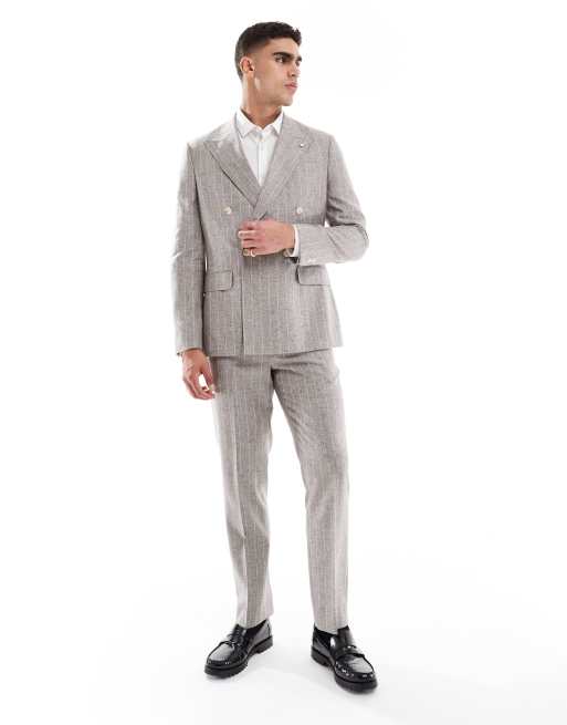 River Island double breasted slim linen suit jacket in grey pinstripe, 3 of 5