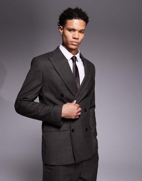 River Island double breasted slim suit in brown check - view 1