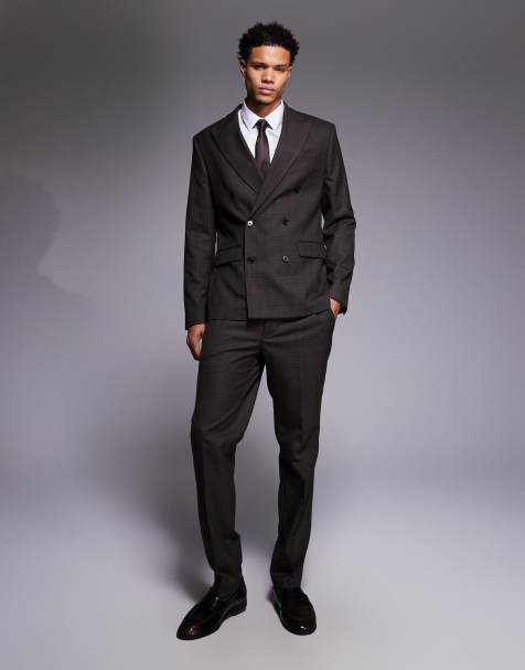 River Island double breasted slim suit in brown check - view 1