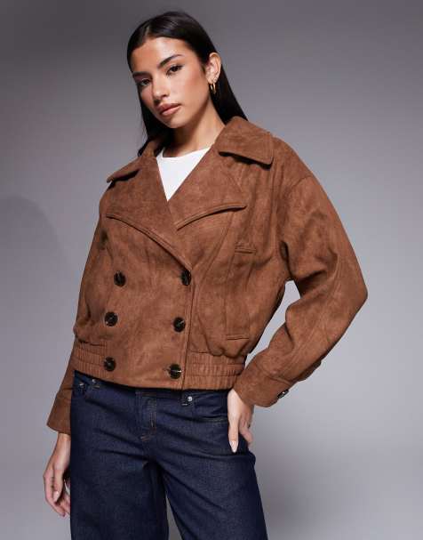 River island double breasted suedette trench style bomber in light brown