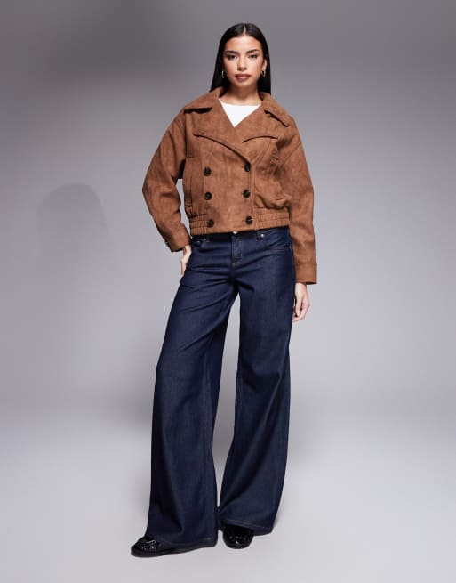 River island double breasted suedette trench style bomber jacket in light brown, 2 of 4