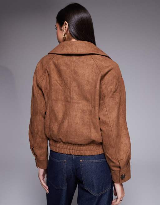 River island double breasted suedette trench style bomber jacket in light brown, 4 of 4