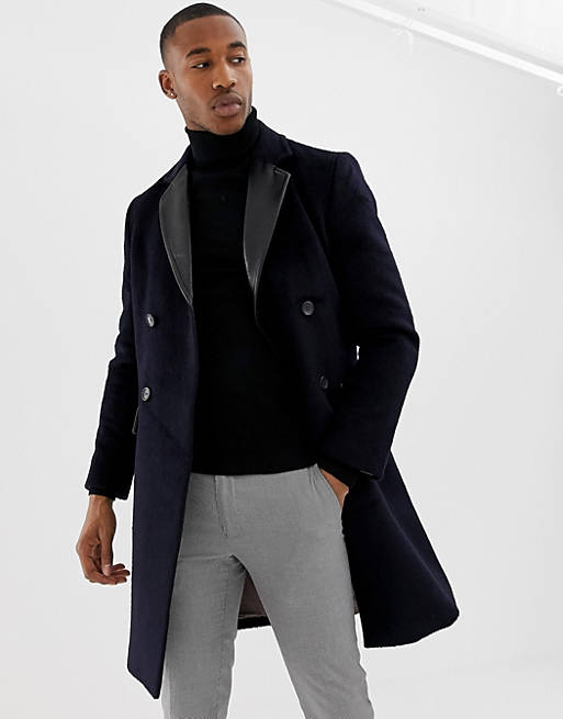 River Island double breasted wool coat with faux leather detail in ...