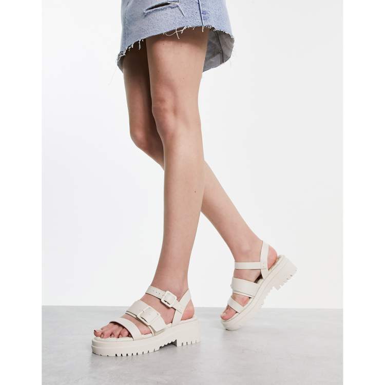 River Island Cream Raffia Double Buckle Sliders in White