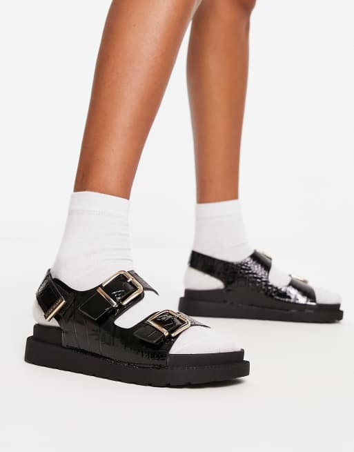River Island double buckle slingback flat sandals in black