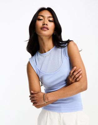 River Island Double Layer Mesh Cami Top In Blue