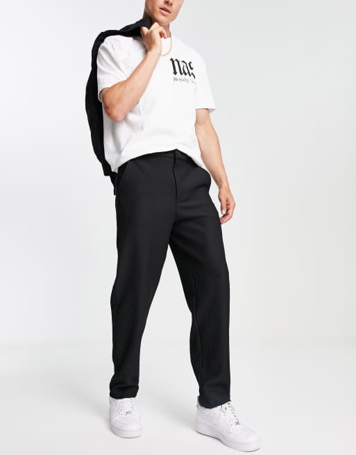 Black tapered fit plisse smart trousers