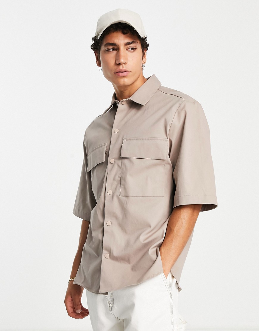 River Island Double Pocket Oversize Shirt In Beige-neutral