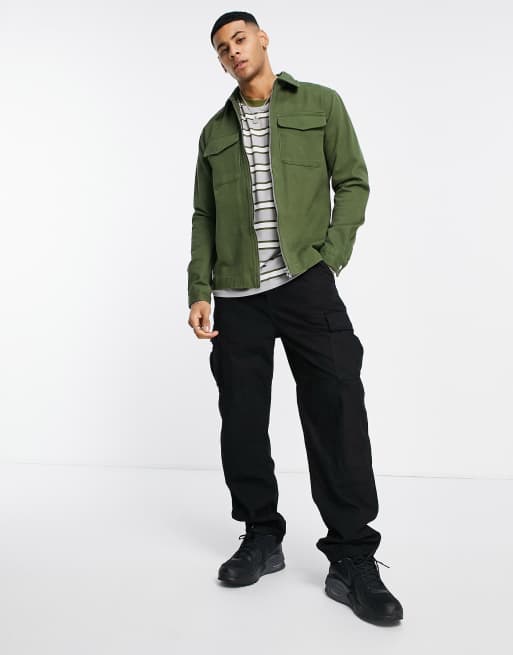 River Island double pocket zip through overshirt in green ASOS