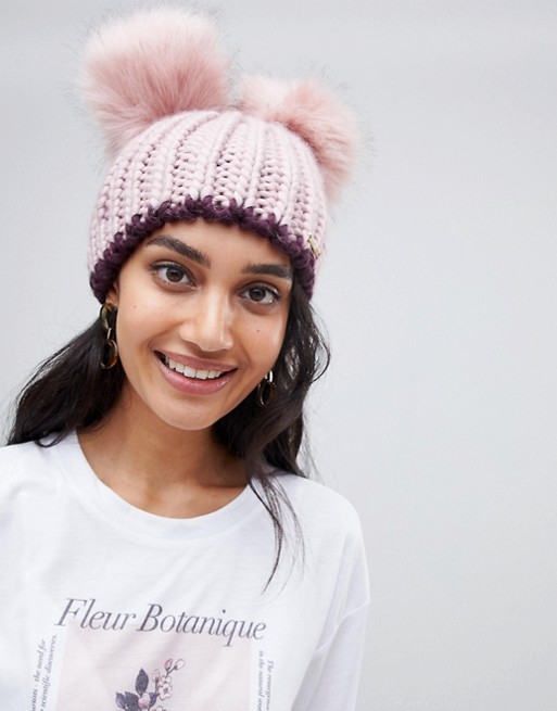 River Island double pomp om beanie hat in pink