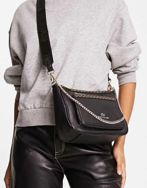 River Island monogram double pouchette crossbody bag in black