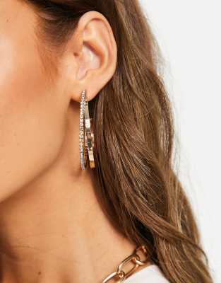 RIVER ISLAND DOUBLE ROW HOOP EARRINGS WITH CRYSTAL IN GOLD TONE