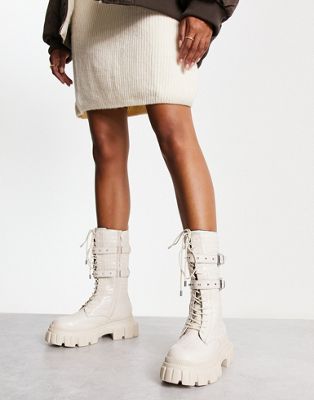 River Island double strap chunky high leg boot in cream-White