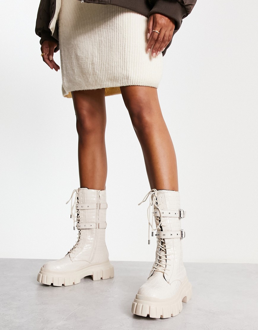 River Island double strap chunky high leg boot in cream-White