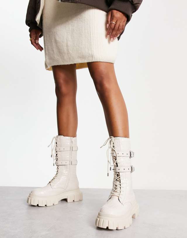 River Island double strap chunky high leg boot in cream