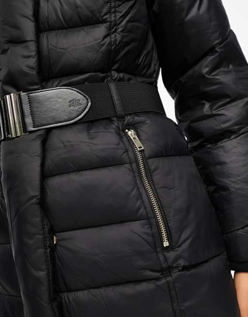 River Island - Doudoune longue avec ceinture et capuche avec fausse fourrure - Noir , 2 de 4