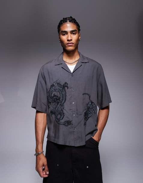 River Island dragon embroidery shirt in gray - view 1