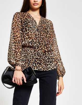 RIVER ISLAND DRAPE FRONT LEOPARD PRINT BLOUSE IN BROWN 789400