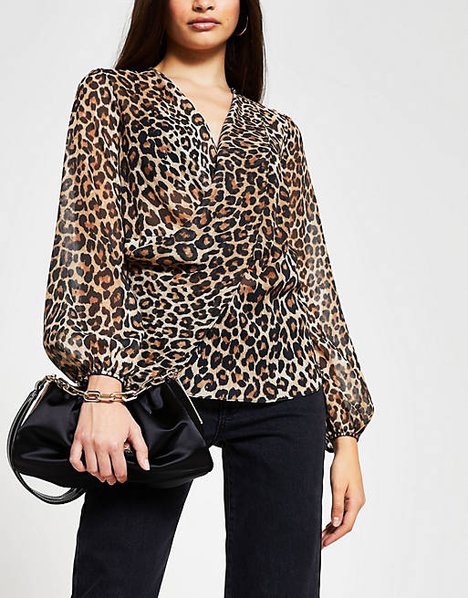 River Island drape front leopard print blouse in brown | ASOS