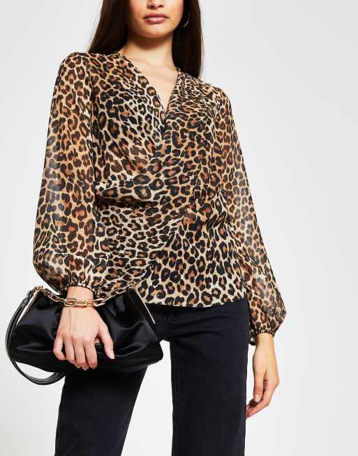 River Island drape front leopard print blouse in brown | ASOS