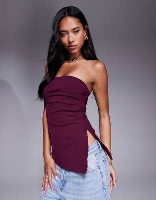 drape longline bandeau top in burgundy-Red