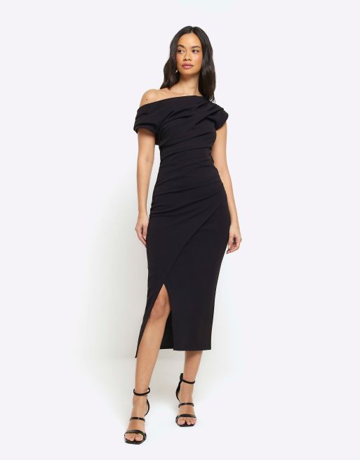  River Island Drape off shoulder bodycon midi dress in black