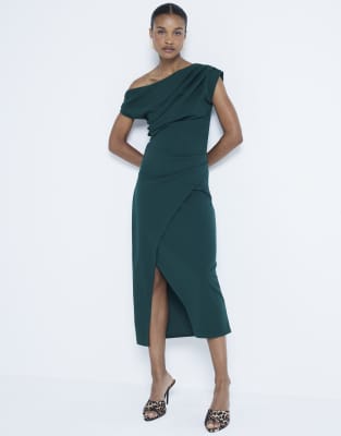 River Island Drape off shoulder bodycon midi dress in dark green