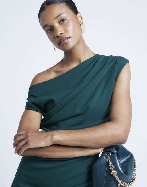 River Island Drape off shoulder bodycon midi dress in dark green | ASOS
