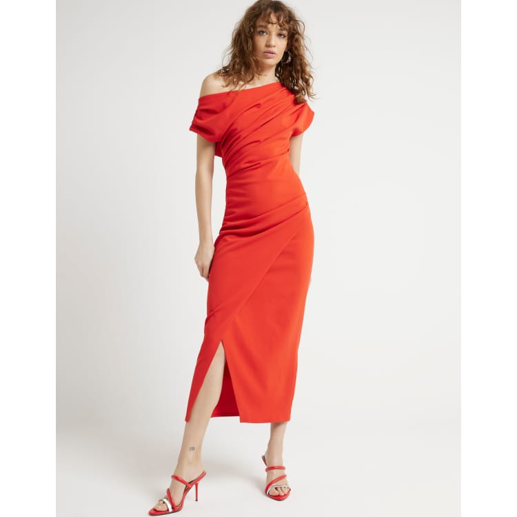 River Island Drape off shoulder bodycon midi dress in red ASOS