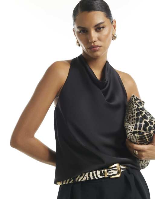River Island Drape satin halter neck top in black, 2 of 4