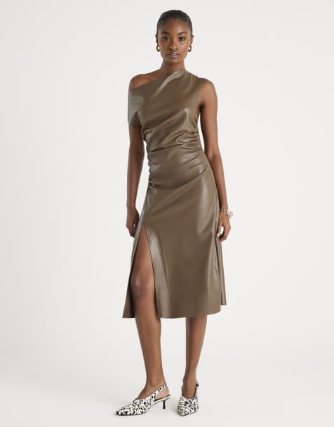 River Island Drape shoulder faux leather midi dress in brown