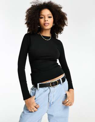 River Island Draped Long Sleeve Top In Black