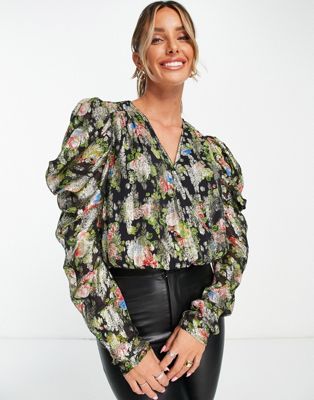 River Island draped metallic floral 80's blouse in black - ASOS Price Checker