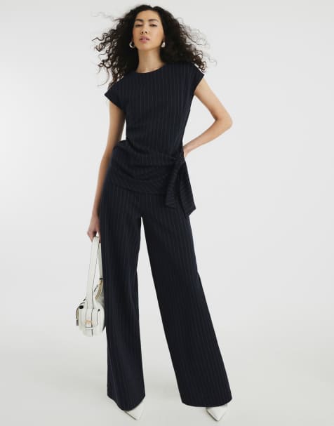 River Island Drawstring pinstripe trousers in navy - view 1