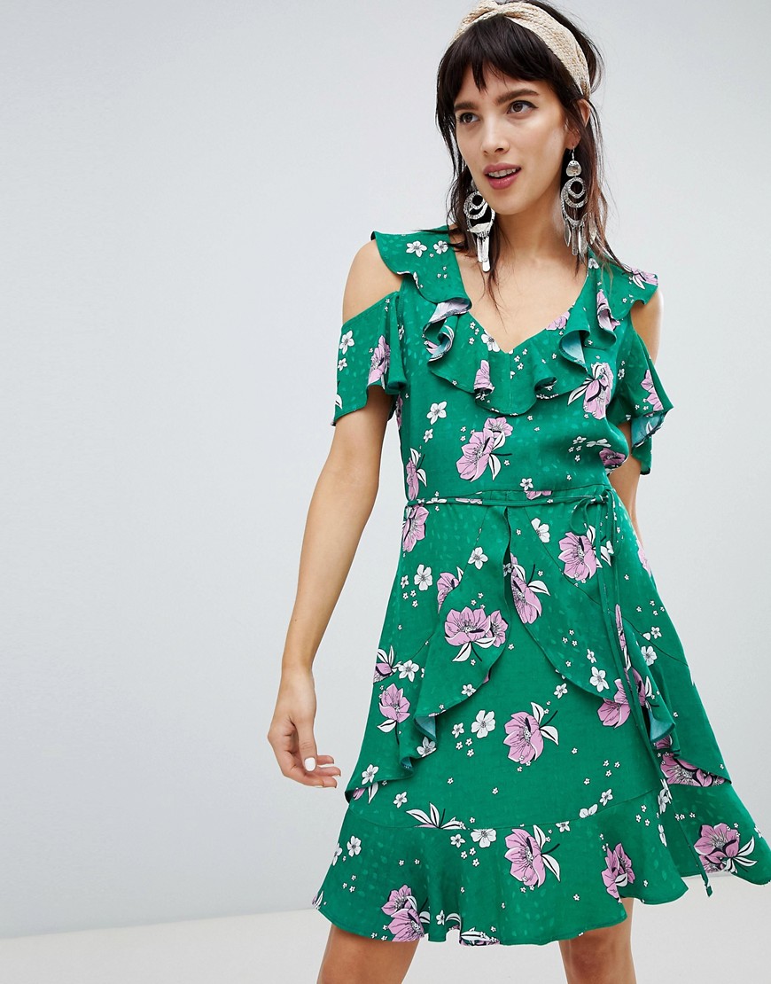 River Island dress with frill front in floral print-Green