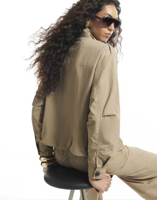 River Island Drop shoulder bubble funnel neck jacket in beige , 4 of 4