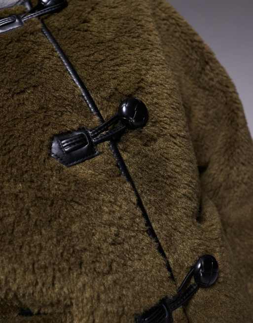 River Island - Duffeljas van borgstof met knoopsluiting in donker kaki, 3 van 4