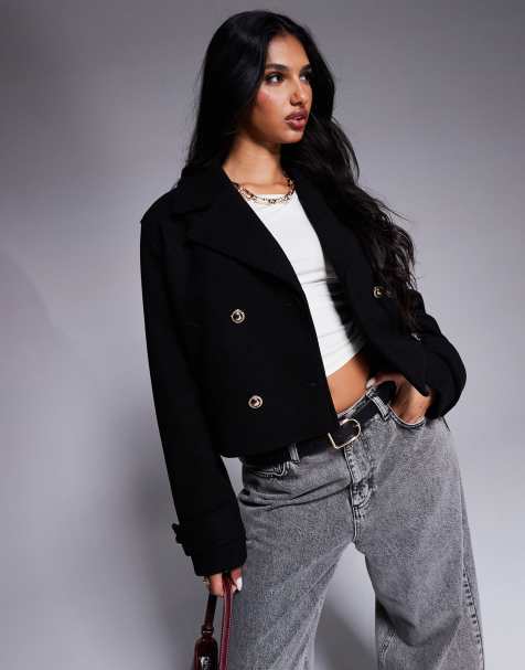 River Island – Dwurzędowa czarna kurtka o krótkim fasonie i wełnianym wyglądzie - view 1