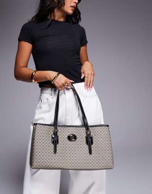 River Island east west tote bag in beige monogram - view 1