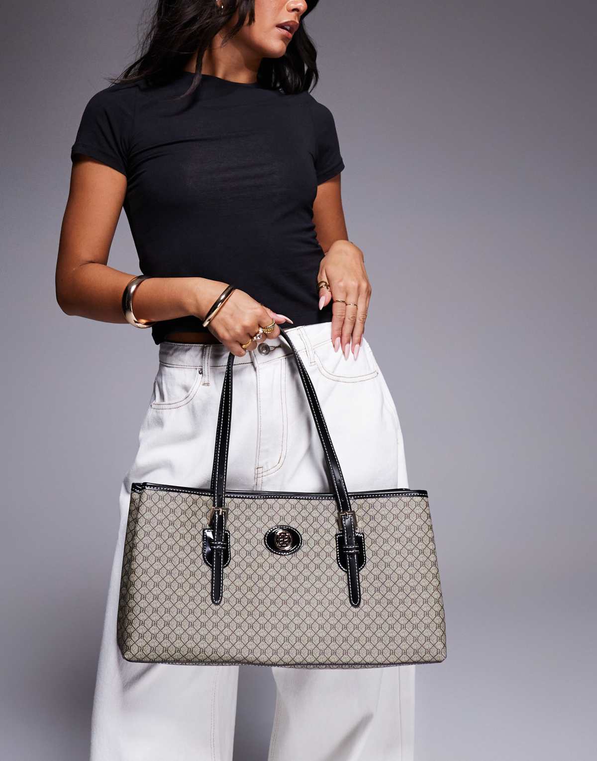 River Island east west tote bag in beige monogram