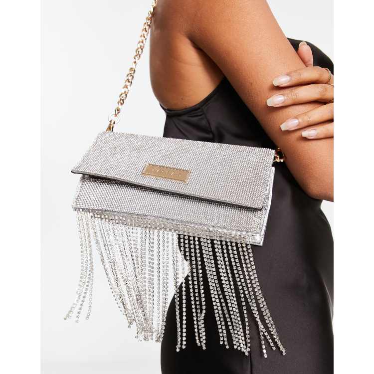 River Island – Eckige Clutch-Tasche in Silber mit Glitzerstein