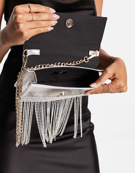 River Island – Eckige Clutch-Tasche in Silber mit Glitzerstein