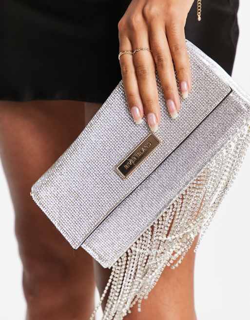 River Island – Eckige Clutch-Tasche in Silber mit Glitzerstein-Detail