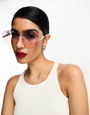 River Island - Eckige Sonnenbrille in Gold mit Schmucksteinverzierung-Goldfarben