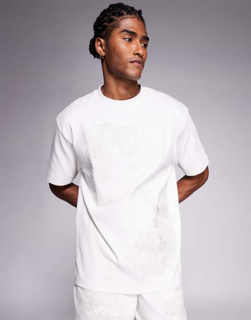 River Island - Ecrufarvet T-shirt med dragebroderi - Del af sæt, 3 af 4