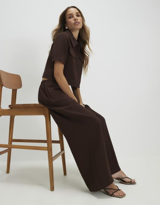 River Island Elasticated wide leg trousers in brown - dark, 3 of 4