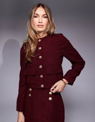 River Island - Elegante Bouclé-Jacke in Burgunderrot, Kombiteil