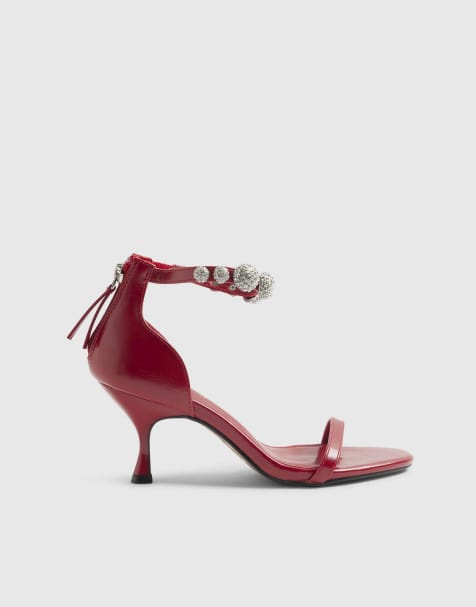 River Island Embellished ankle strap heeled sandals in red - view 1