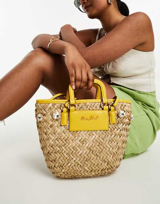 River Island embellished basket bag in yellow