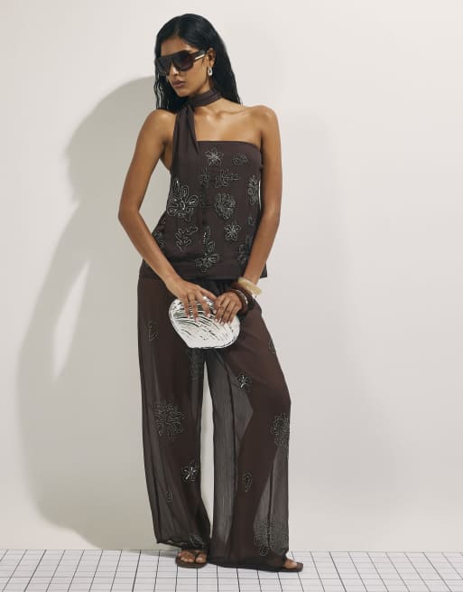 River Island embellished beaded bandeau in brown , 3 of 4